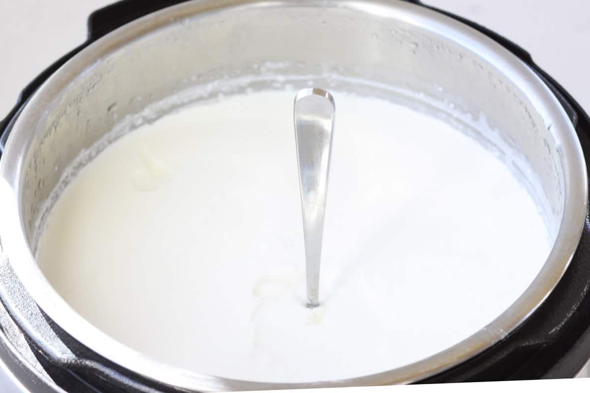 an instant pot of homemade yogurt witha spoon stuck in it to show how thick it is