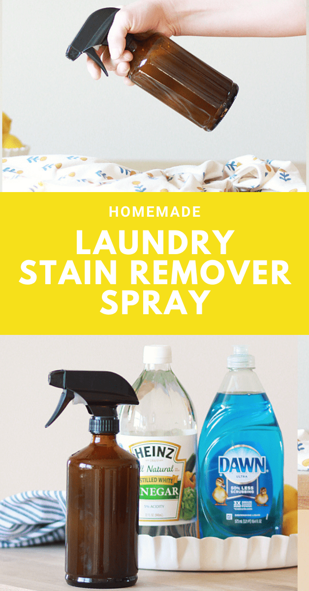 an amber spray bottle of laundry stain remover spray with dawn dish soap and vinegar in the background