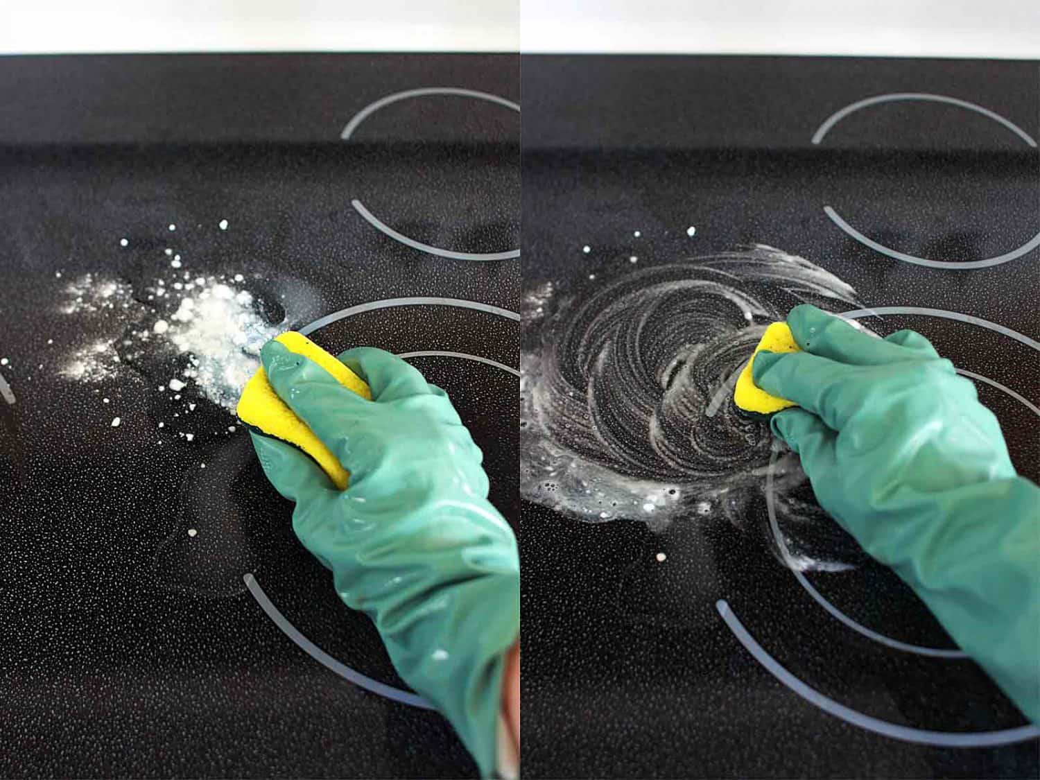 a gloved hand is scrubbing a stovetop. 