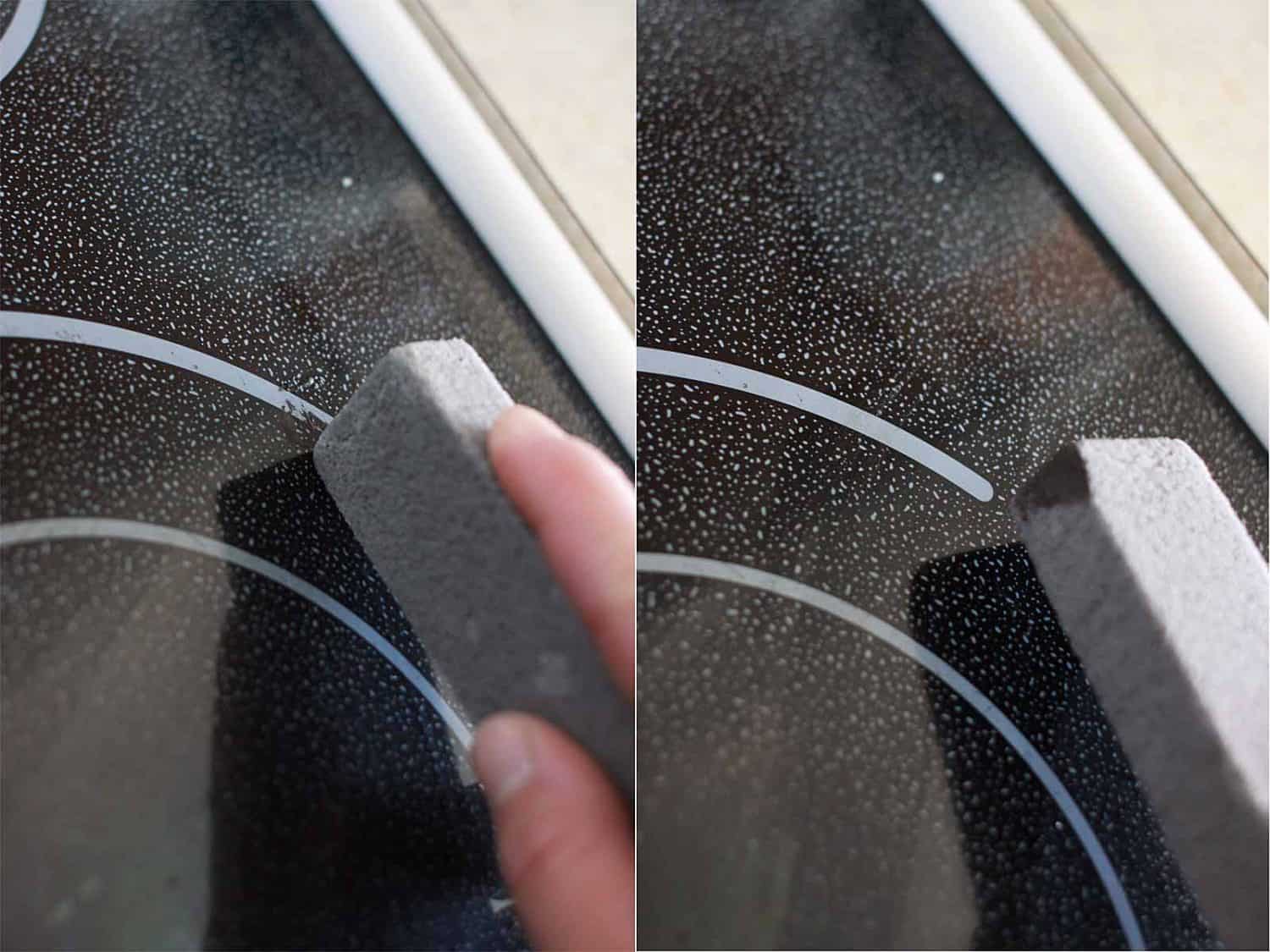 a pumice scouring stick is scrubbing burnt on black stains from an electric stove top