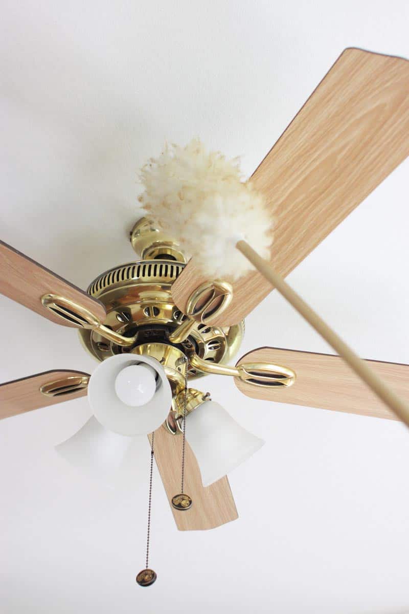 a duster is cleaning a ceiling fan