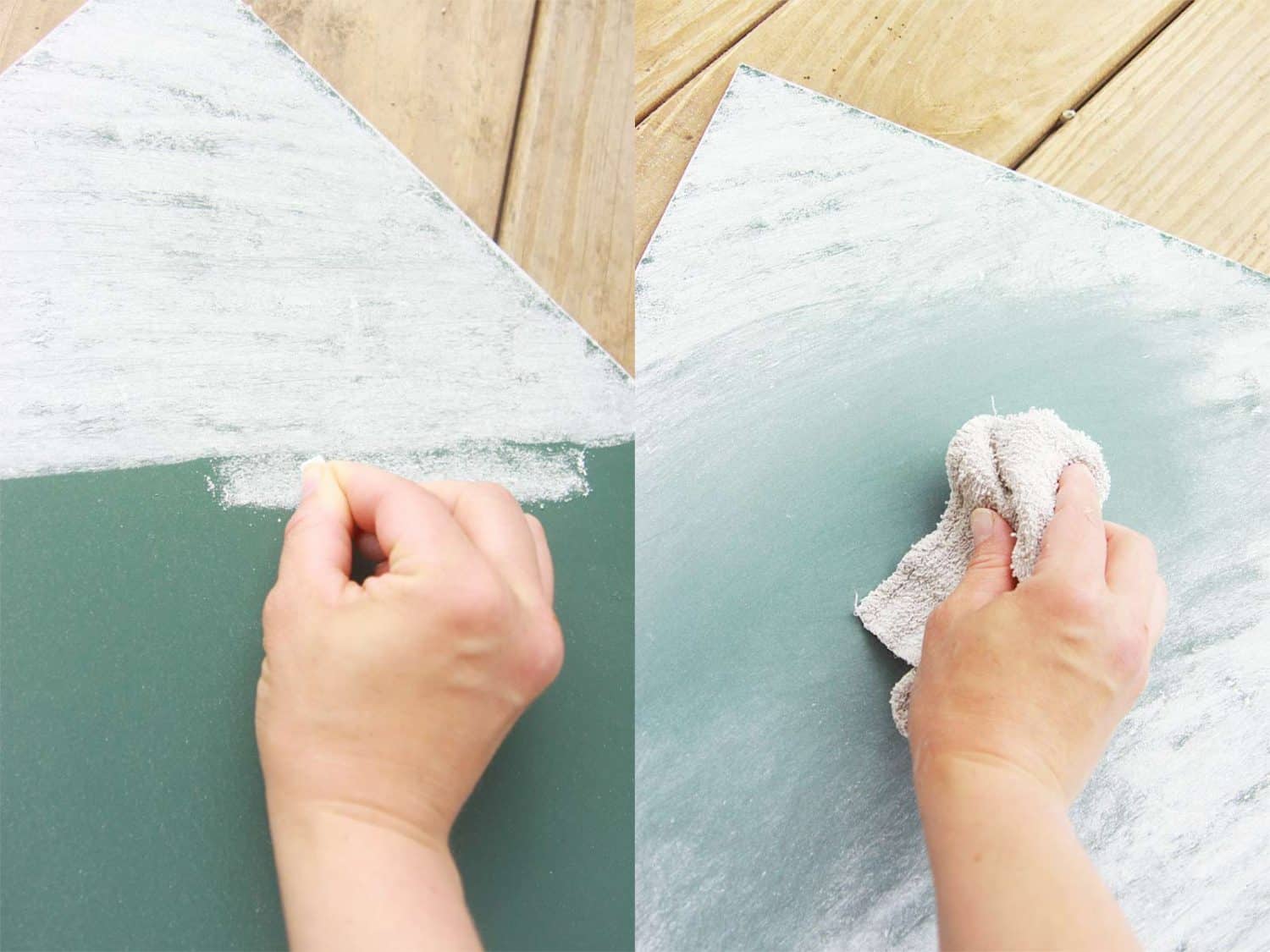 a hand seasoning a homemade chalkboard with chalk and wiping it off with a rag