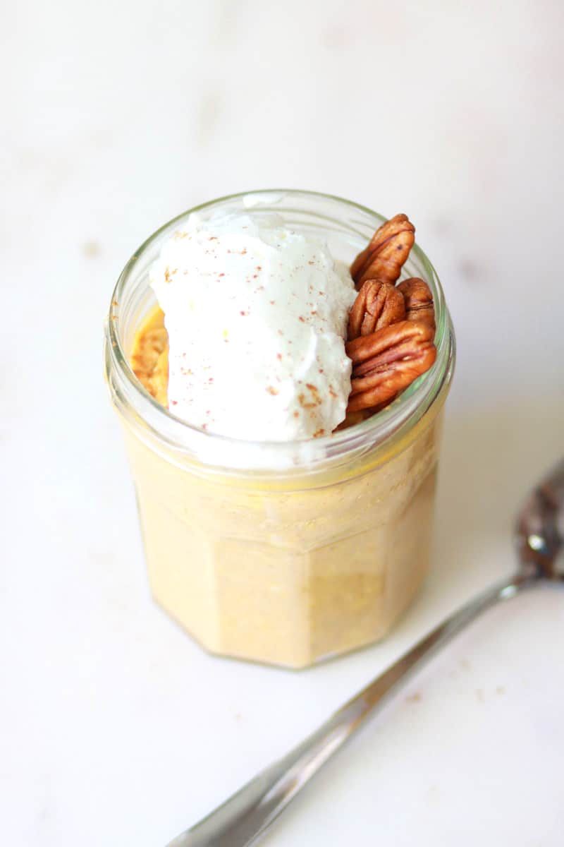 Healthy Spiced Pumpkin Pie Overnight Oats by At Home on the Prairie