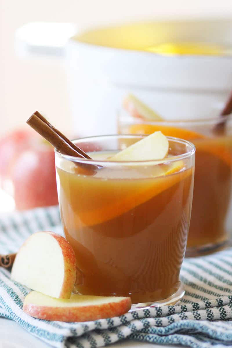 a glass with hot apple cider in it and a cinnamon stick, apple slice and orange slice in it