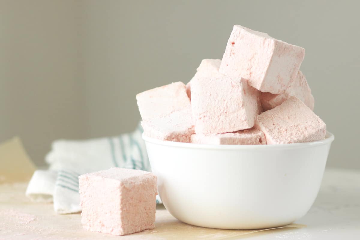 a bowl of homemade strawberry marshmallows