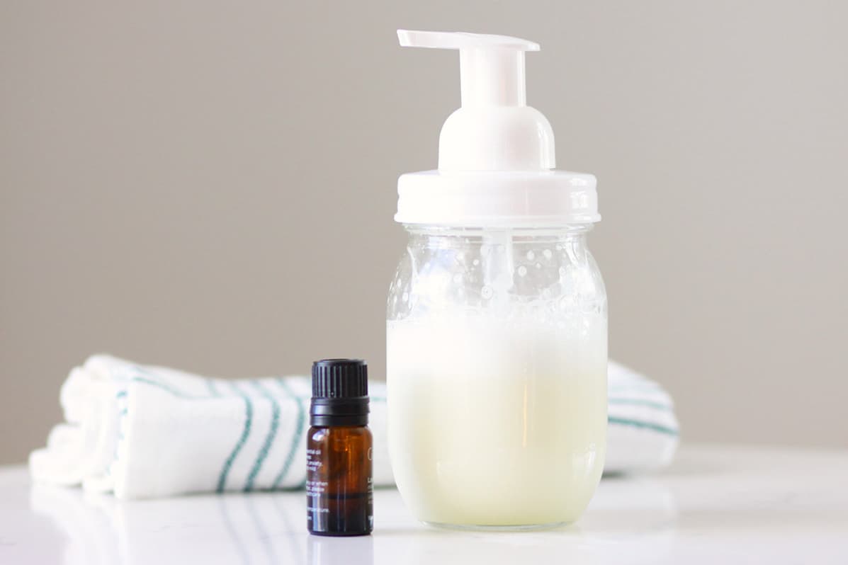 homemade baby wash in a mason jar with a foaming soap lid