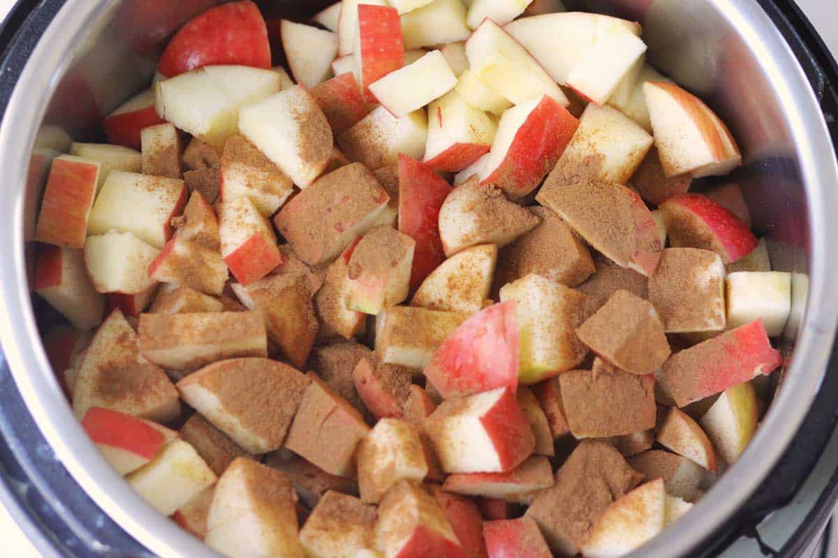 an instant pot full of chopped apples with the skins on and ground cinnamon  on top