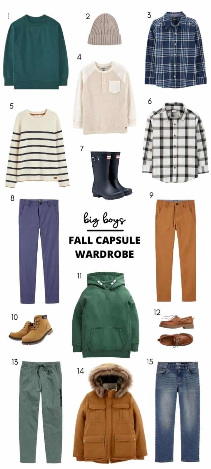 big boys fall capsule wardrobe graphic with different matching boys outfit ideas