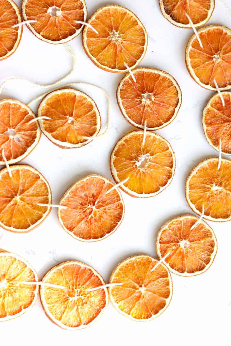 a dried orange slice garland in a spiral design