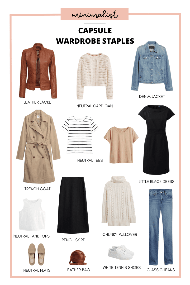 a simple minimalist capsule wardrobe made up of neutral colors and classic clothing staples