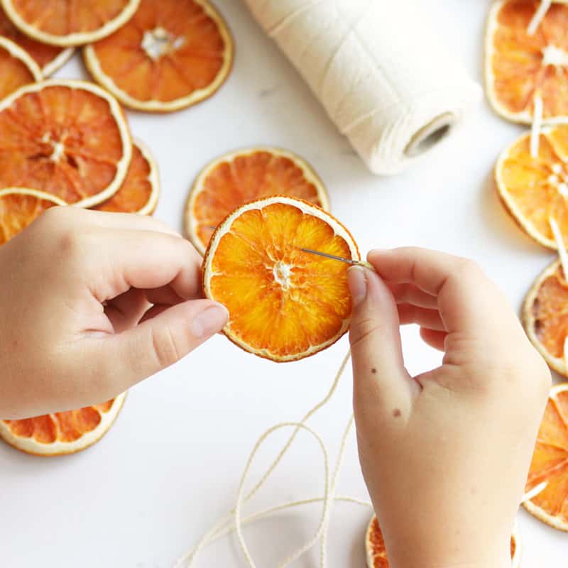 stringing dried orange slices on twine for a garland